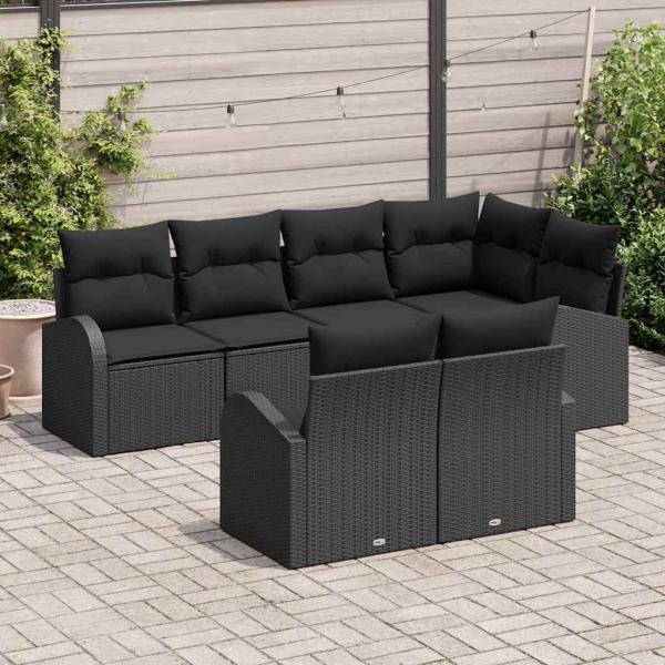 Garten-Sofa-Set Set aus 7 Schwarz Poly-Rattan, Polyester-Kissen