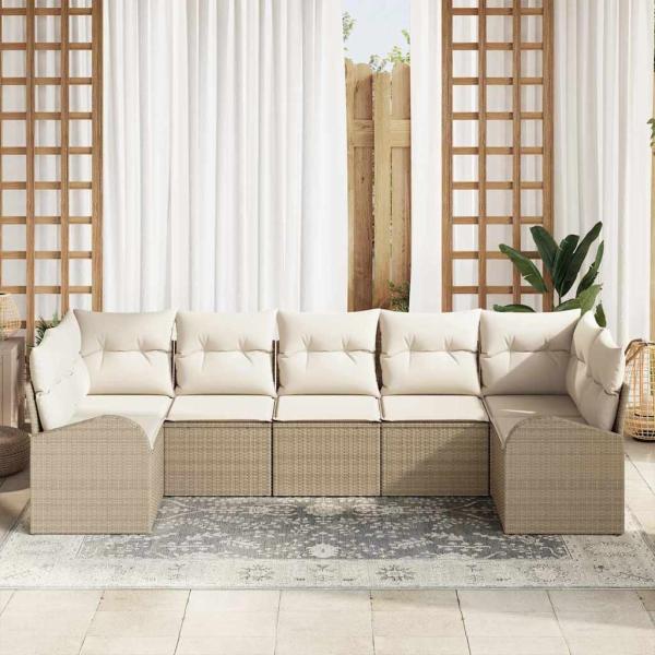 7-teiliges Garten Sofa Set mit Kissen Beige Poly Rattan