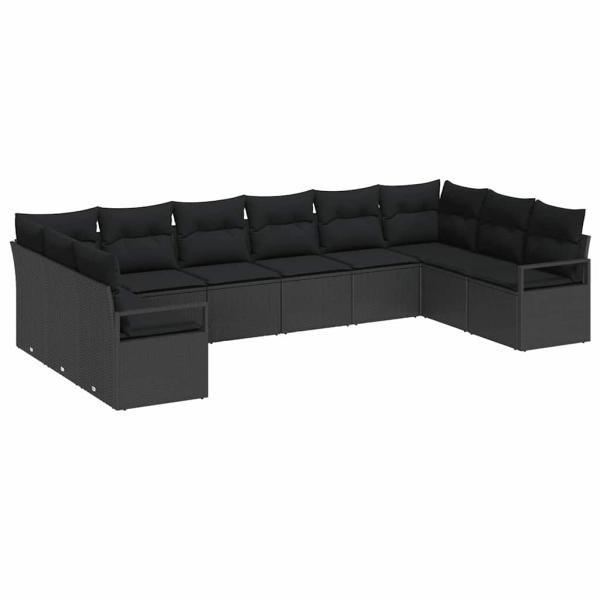 10-teiliges Garten-Sofa-Set mit Kissen Schwarz Poly-Rattan, 2-Sitzer Garten-Sofa mit Kissen Schwarz Poly-Rattan