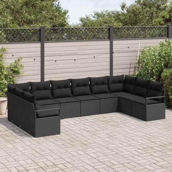 10-teiliges Garten-Sofa-Set mit Kissen Schwarz Poly-Rattan, 2-Sitzer Garten-Sofa mit Kissen Schwarz Poly-Rattan