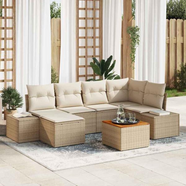ARDEBO.de - 7-teiliges Garten Sofa Set mit Kissen Beige Poly Rattan Akazie