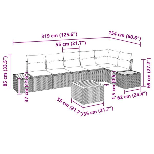 7-teiliges Garten Sofa Set mit Kissen Grau Poly Rattan Akazie