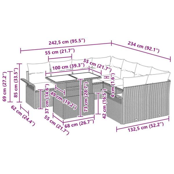 9-teiliges Garten-Sofa-Set mit Kissen Hellgrau Poly-Rattan