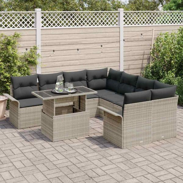 9-teiliges Garten-Sofa-Set mit Kissen Hellgrau Poly-Rattan