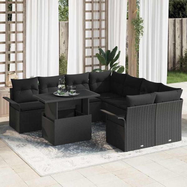 ARDEBO.de - 9-teiliges Garten Sofa Set mit Kissen Schwarz Poly Rattan