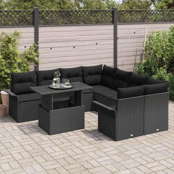 9-teiliges Garten Sofa Set mit Kissen Schwarz Poly Rattan