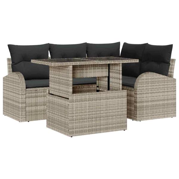 5-teilige Garten-Sofa-Set mit Kissen in hellgrauem Poly-Rattan