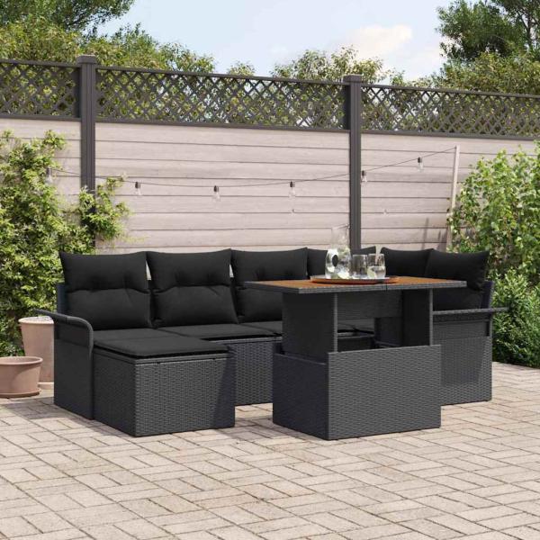 ARDEBO.de - 7-teilige Garten-Essgruppe mit Kissen Schwarz Poly Rattan Akazie