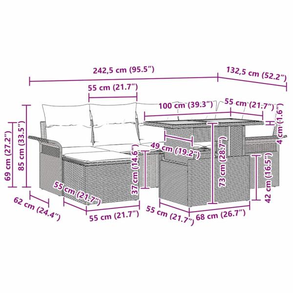 7-teilige Garten-Essgruppe mit Kissen Schwarz Poly Rattan Akazie