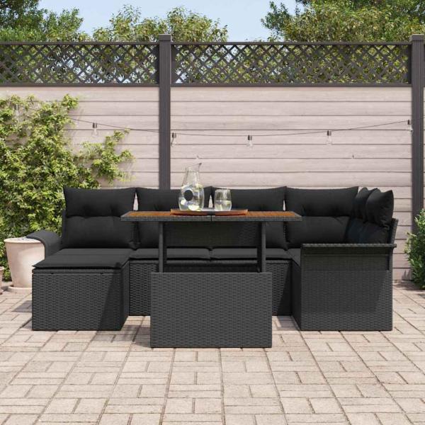 7-teilige Garten-Essgruppe mit Kissen Schwarz Poly Rattan Akazie