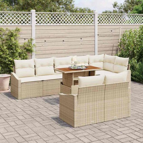 9-teiliges Garten Essset mit Kissen Beige Poly Rattan Akazie