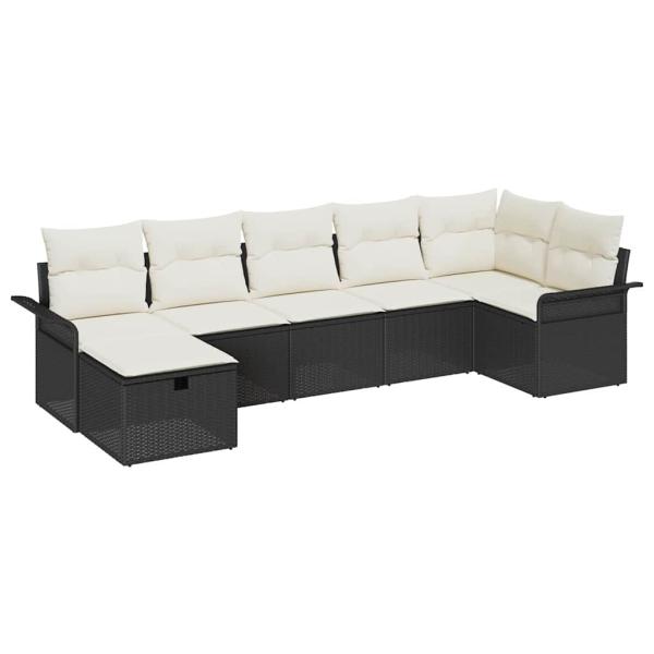 7-teiliges Garten Sofa Set mit Kissen Schwarz Poly Rattan