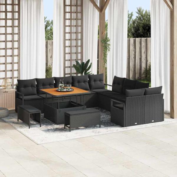 ARDEBO.de - 13-teiliges Garten-Sofa-Set mit Kissen Schwarz Poly-Rattan Akazie, 2-Sitzer Garten-Sofa mit Stauraum & Kissen Schwarz Poly-Rattan, 3-teiliges Garten-Esszelt-Set mit Kissen Schwarz Poly-Rattan Akazie