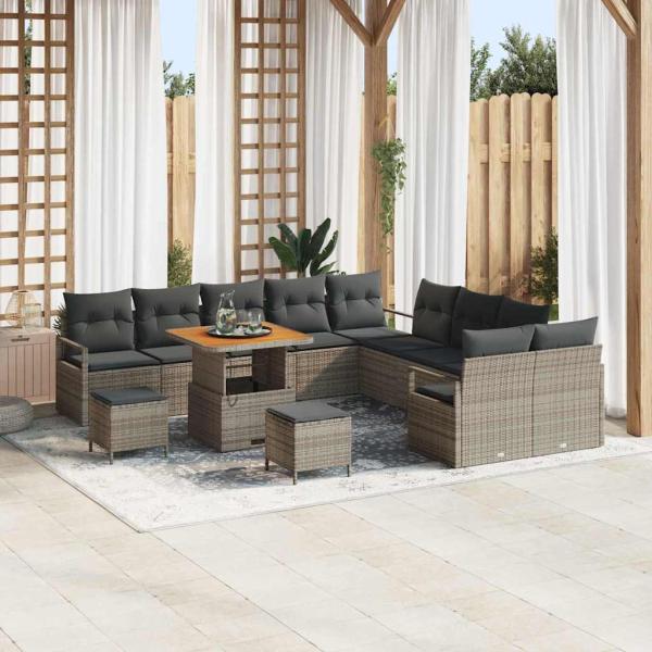 ARDEBO.de - 13-teiliges Garten-Sofa-Set mit Kissen Grau Poly Rattan Akazie, 2-Sitzer Garten-Sofa mit Stauraum & Kissen Grau Poly Rattan, 3-teiliges Garten-Dining-Set mit Kissen Grau Poly Rattan Akazie
