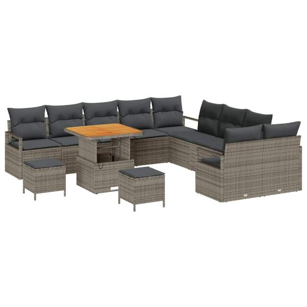 13-teiliges Garten-Sofa-Set mit Kissen Grau Poly Rattan Akazie, 2-Sitzer Garten-Sofa mit Stauraum & Kissen Grau Poly Rattan, 3-teiliges Garten-Dining-Set mit Kissen Grau Poly Rattan Akazie