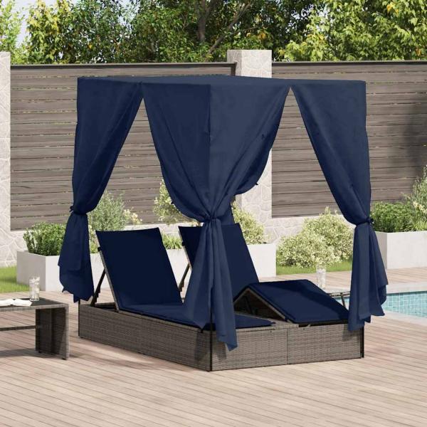 ARDEBO.de - Doppelliege Set aus 2 Grau und Marineblau Rattan Groß