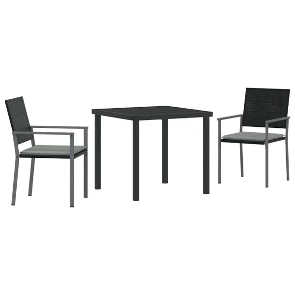 3-teiliges Garten-Esszimmer-Set mit Kissen Schwarz Poly-Rattan