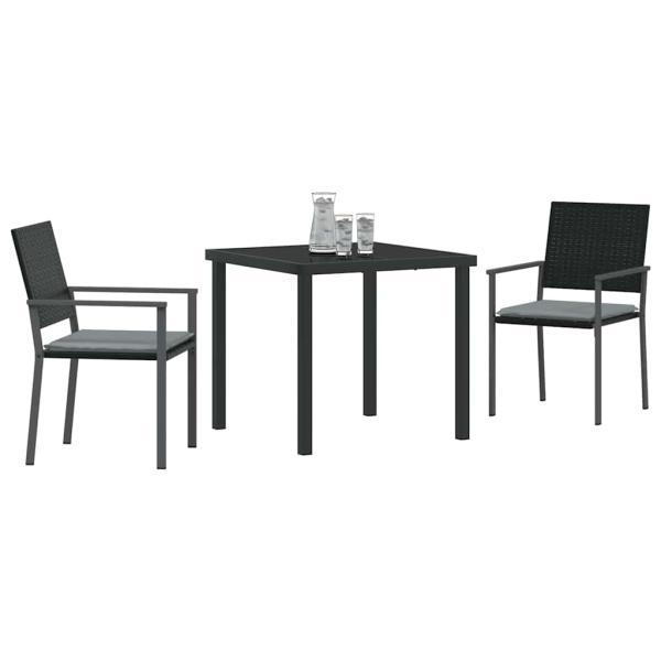 3-teiliges Garten-Esszimmer-Set mit Kissen Schwarz Poly-Rattan