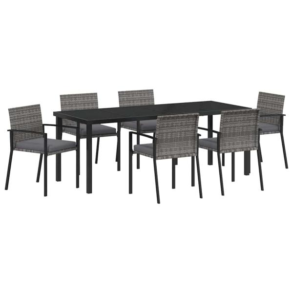 7-teiliges Garten Esszimmer Set Grau Poly-Rattan