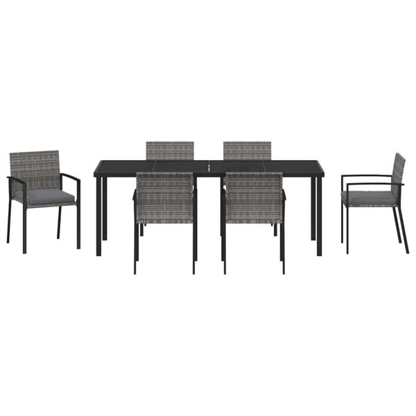 7-teiliges Garten Esszimmer Set Grau Poly-Rattan