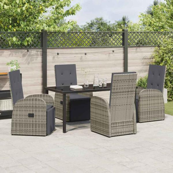 5-teiliges Garten-Dining-Set mit Kissen Grau Poly-Rattan