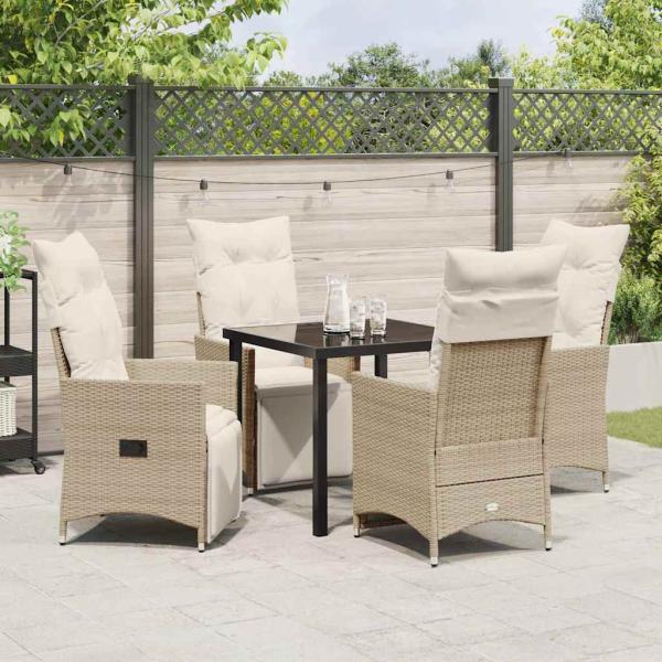 5-teiliges Garten-Esszimmer-Set mit Kissen Beige Poly Rattan
