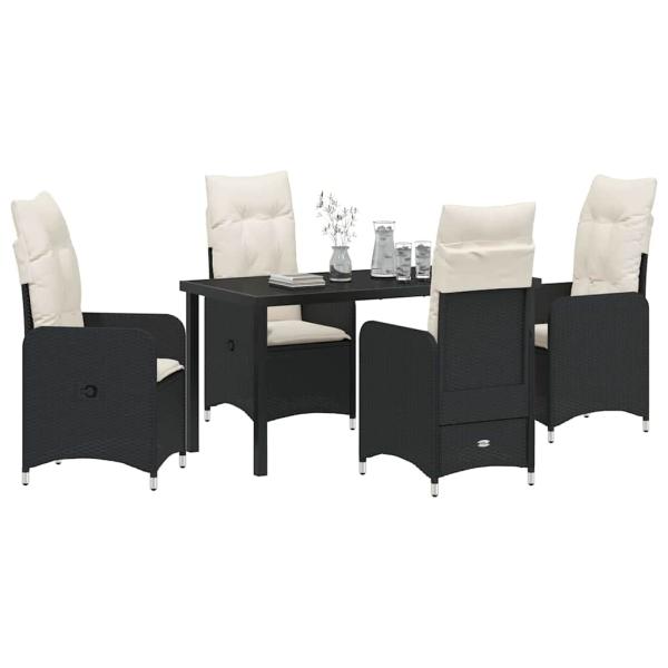 5-teiliges Garten-Dining-Set mit Kissen Schwarz Poly-Rattan