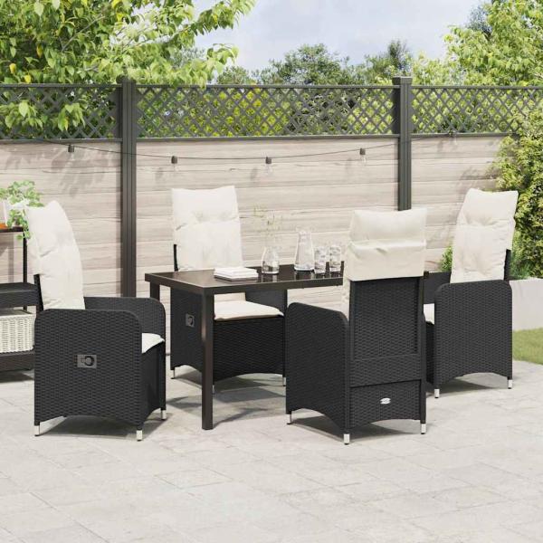 5-teiliges Garten-Dining-Set mit Kissen Schwarz Poly-Rattan