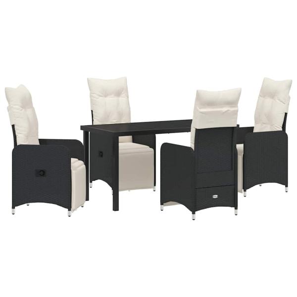 5-teiliges Garten-Esszimmer-Set mit Kissen Schwarz Poly Rattan.