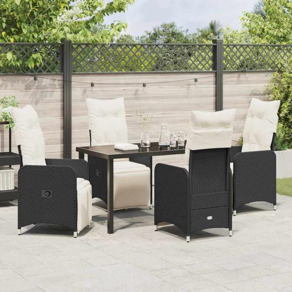 5-teiliges Garten-Esszimmer-Set mit Kissen Schwarz Poly Rattan.