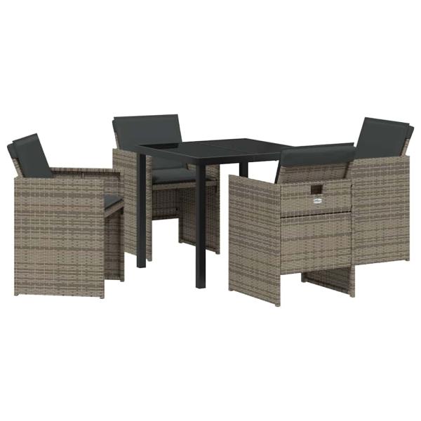 5-teiliges Garten-Esstischset mit Kissen Grau Poly Rattan