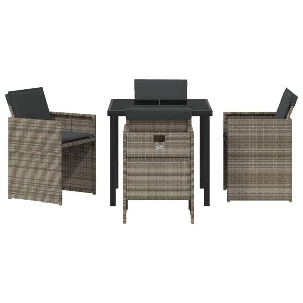 5-teiliges Garten-Esstischset mit Kissen Grau Poly Rattan