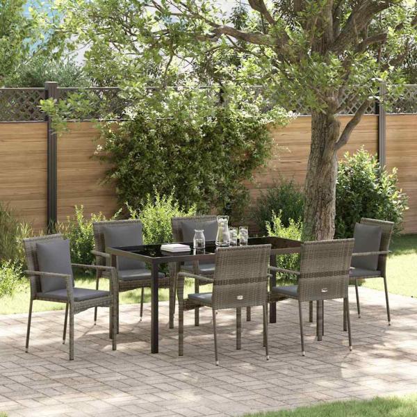 ARDEBO.de - 7-teiliges Garten-Essset mit Kissen Grau Poly-Rattan
