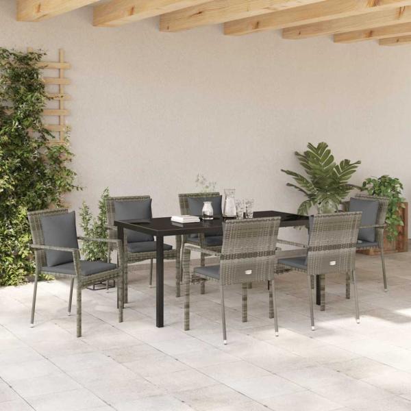 7-teiliges Garten-Essset mit Kissen Grau Poly-Rattan