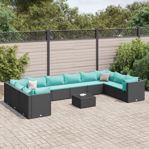 ARDEBO.de - 11-tlg. Garten-Lounge-Set mit Kissen Schwarz Poly Rattan