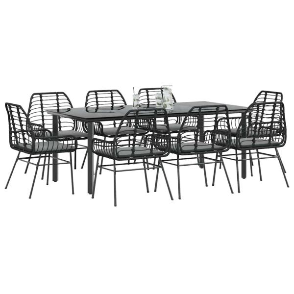 ARDEBO.de - 9-tlg. Garten-Essgruppe mit Kissen Schwarz Poly Rattan Glas
