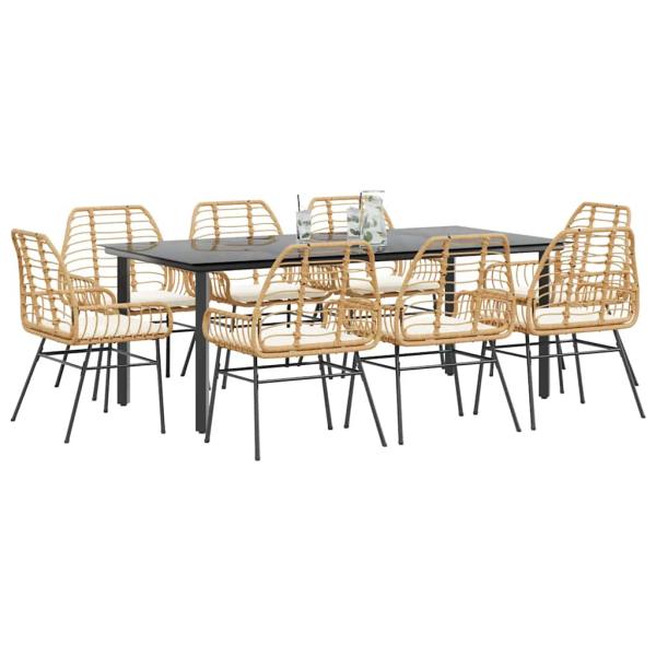 ARDEBO.de - 9-tlg. Garten-Essgruppe mit Kissen Braun Poly Rattan Glas