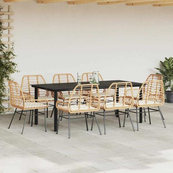 9-tlg. Garten-Essgruppe mit Kissen Braun Poly Rattan Glas