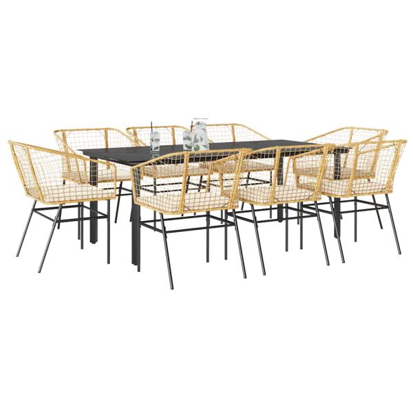 ARDEBO.de - 9-tlg. Garten-Essgruppe mit Kissen Braun Poly Rattan Glas