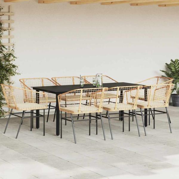 9-tlg. Garten-Essgruppe mit Kissen Braun Poly Rattan Glas