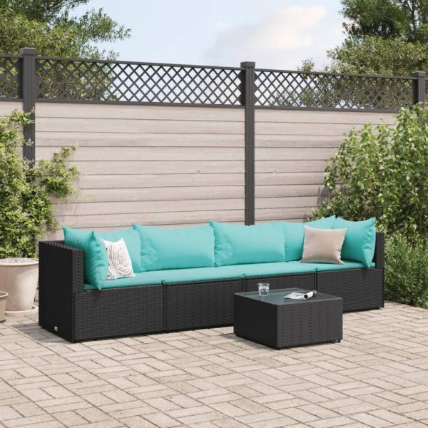 ARDEBO.de - 5-tlg. Garten-Lounge-Set mit Kissen Schwarz Poly Rattan