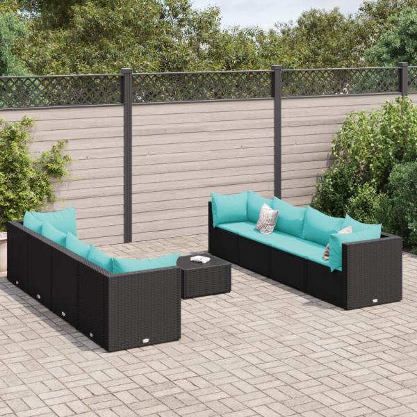 ARDEBO.de - 9-tlg. Garten-Lounge-Set mit Kissen Schwarz Poly Rattan