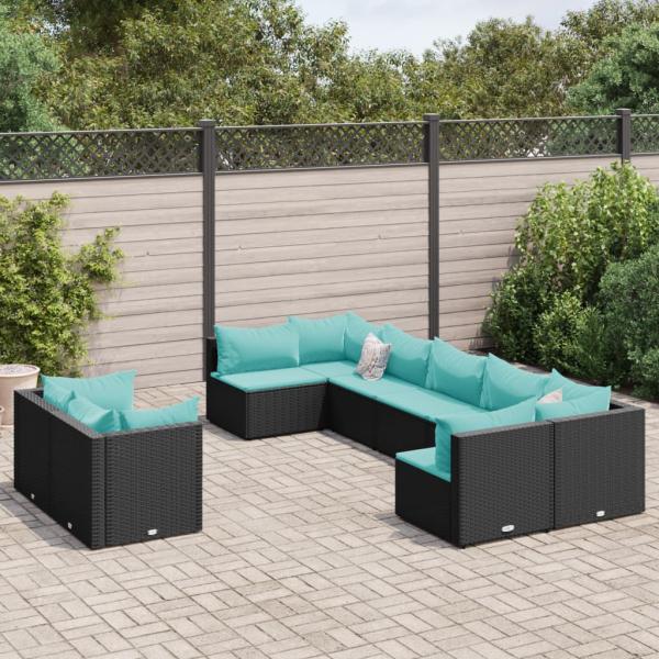 ARDEBO.de - 9-tlg. Garten-Sofagarnitur mit Kissen Schwarz Poly Rattan