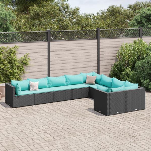 ARDEBO.de - 9-tlg. Garten-Sofagarnitur mit Kissen Schwarz Poly Rattan