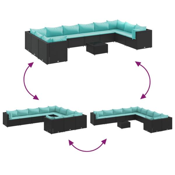 11-tlg. Garten-Sofagarnitur mit Kissen Schwarz Poly Rattan