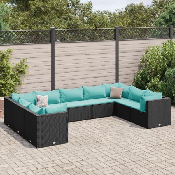 ARDEBO.de - 9-tlg. Garten-Lounge-Set mit Kissen Schwarz Poly Rattan