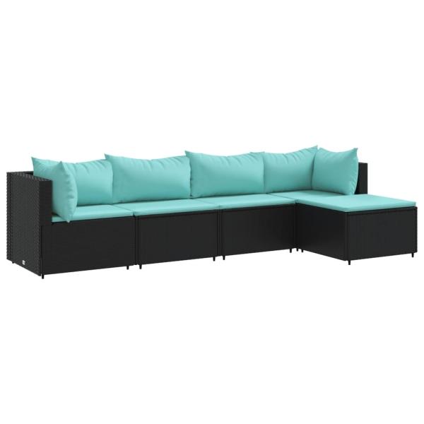 5-tlg. Garten-Lounge-Set mit Kissen Schwarz Poly Rattan
