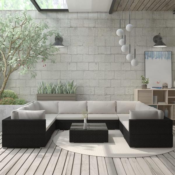 ARDEBO.de - 9-tlg. Garten-Lounge-Set mit Auflagen Poly Rattan Schwarz