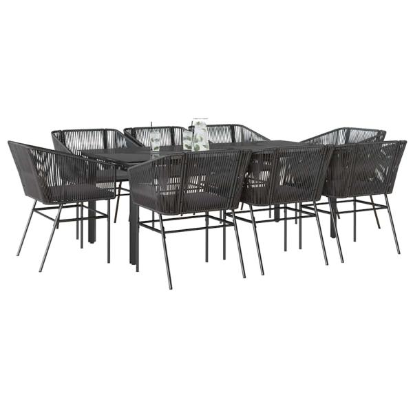 ARDEBO.de - 9-tlg. Garten-Essgruppe mit Kissen Schwarz Poly Rattan Glas