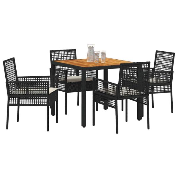 5-teiliges Garten-Essgruppen-Set mit Kissen in Schwarz aus Poly-Rattan